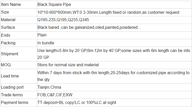 Black square pipe steel Q235-Q345 material China factory